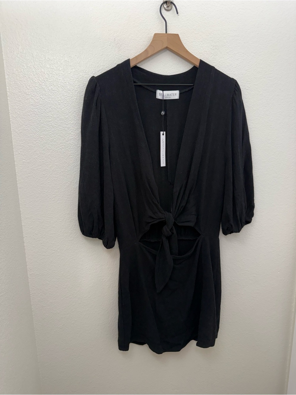 NWT Stillwater Not Alone Linen Rayon Tie Front Mini Dress Black Medium